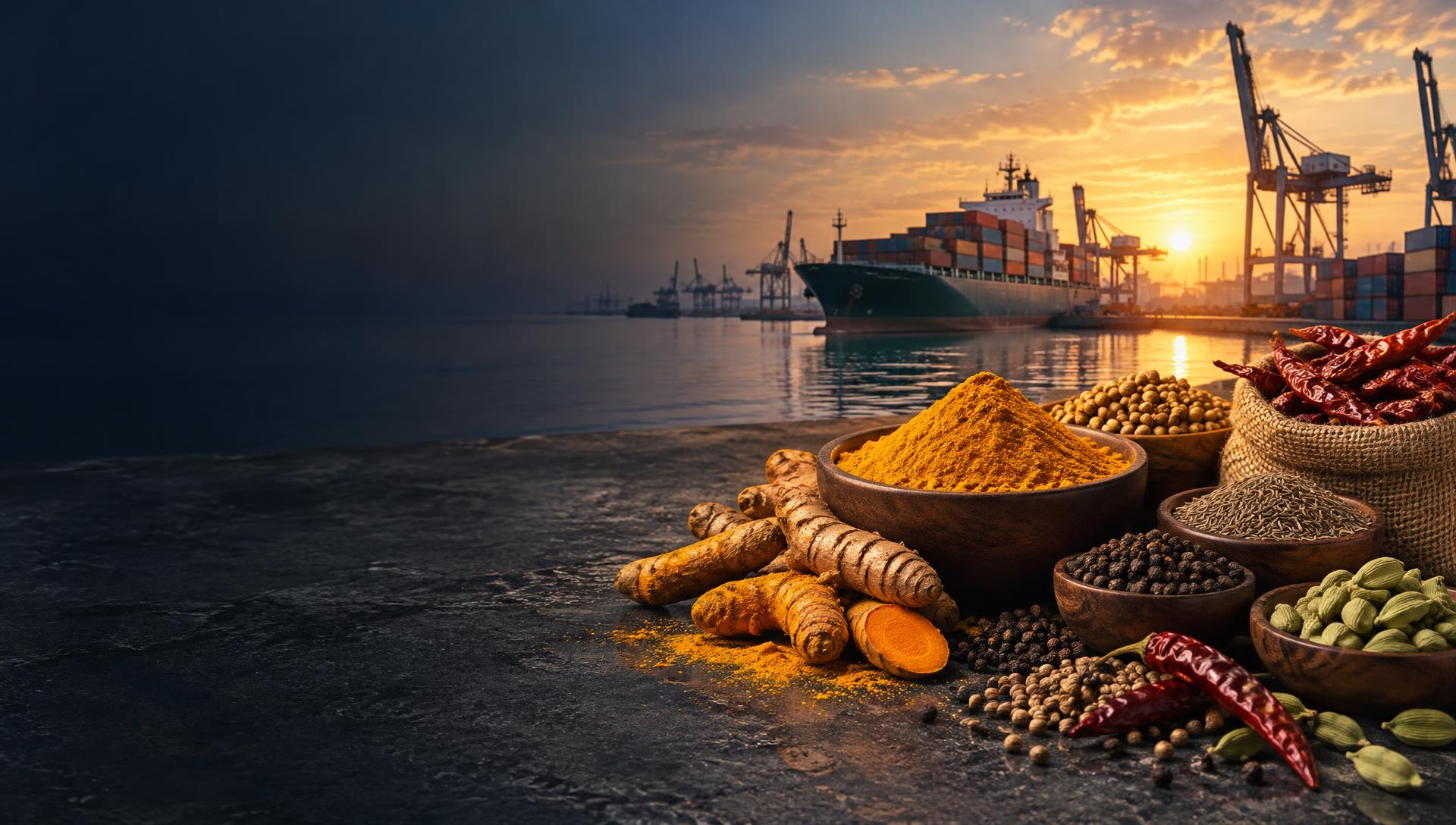 Indian spices prepared for international trade beside a cargo vessel